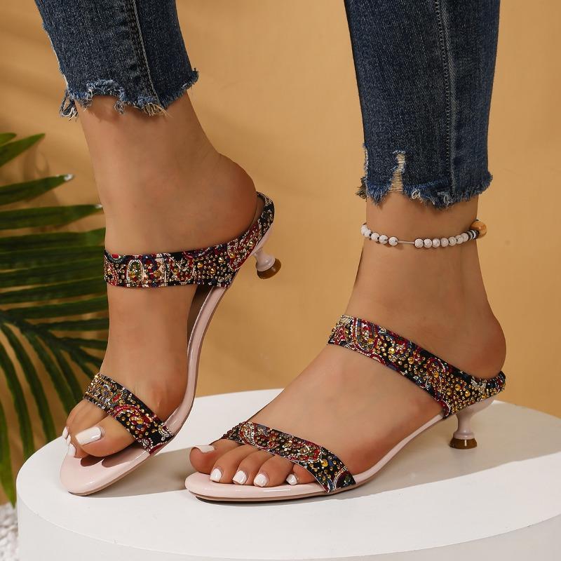 Fashion Women's Rhinestone One Word and A Half Drag Summer New Fashion Versatile Open Toe Stiletto High Heel Sandals