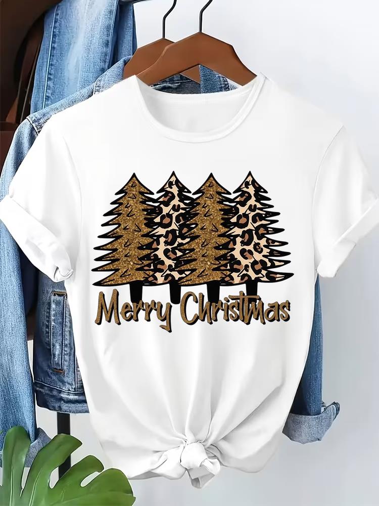 (Asian Size) T Shirt Print Fashion Bow Merry Merry Christmas Women's Top Short Sleeve T-shirts O-neck Casual New Year Clothing Graphic Tee