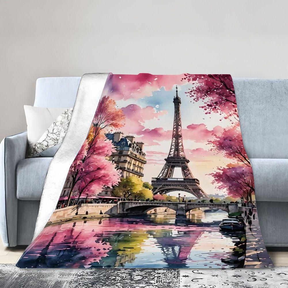 Whimsical Paris Eiffel Tower Watercolor Blanket - Dreamy Cherry Blossom Spring Scene Throw - Soft Cozy Decor for Home, Perfect W