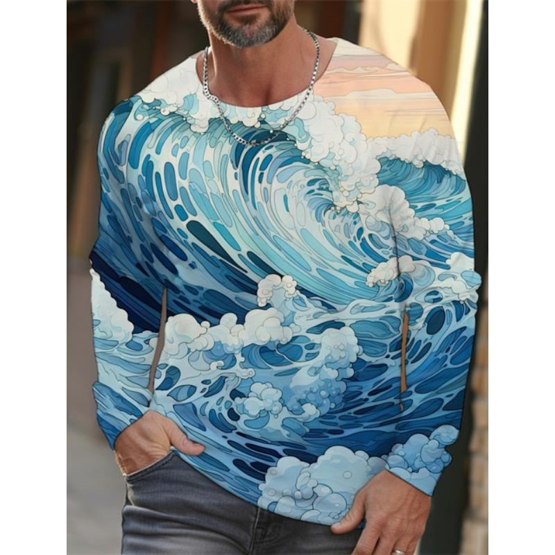 new men's Ukiyoe long-sleeved T-shirt 3D printing high-definition wave cat printing men's autumn casual round neck top