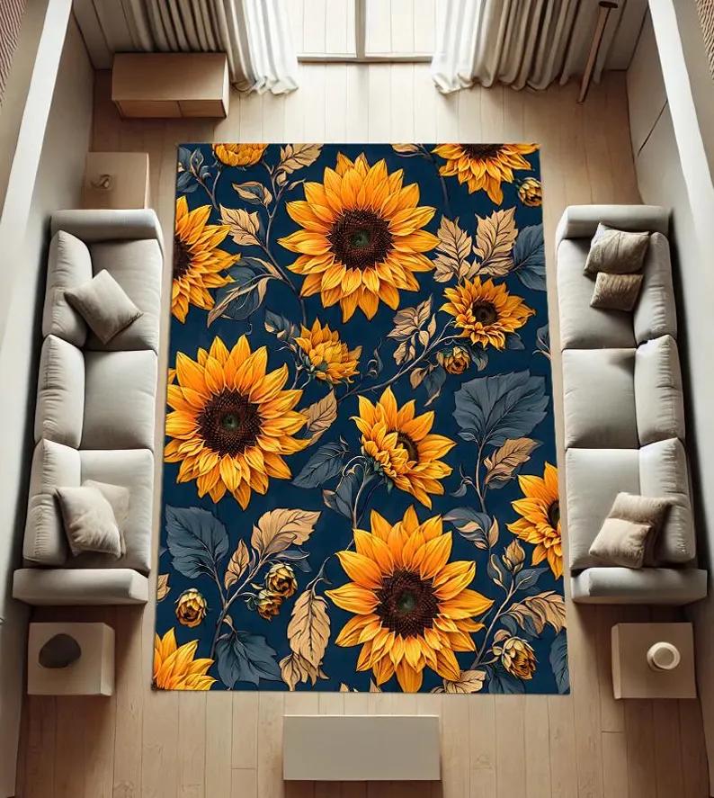 Boho Sonnenblumen Teppich Blumendruck Weich Rutschfest Wasserabsorbierend Teppich Botanische Matte für Wohnzimmer Schlafzimmer Arbeitszimmer Tägliche Dekoration