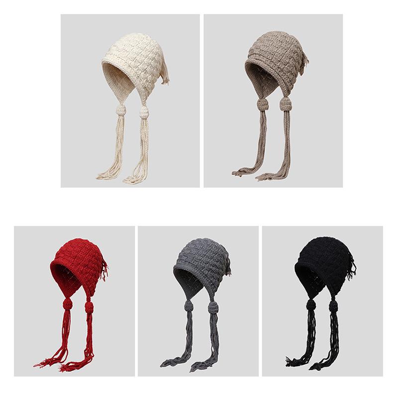 1Pc Handmade Crochet Colored Yarn Hat For Women Winter Nitted Beanie Cap Earflap Tassel Pompom Hat