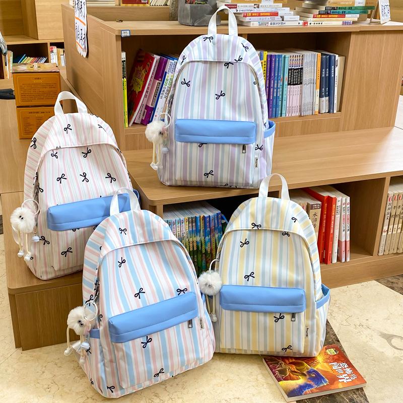 Schoolbag New Striped Backpack Women's Versatile Bow Campus Backpack School Bag Lightweight Going Casual Backpack