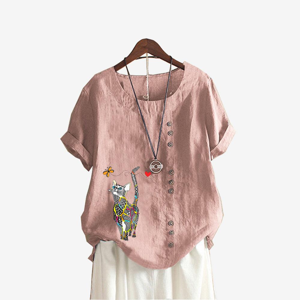 Tricou cu mânecă scurtă la modă pentru femei, vară și toamnă, ocazional, cu gât rotund, cu imprimeu de pisici, pulover, bluze de in, bumbac, liber