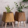 Imitation Rattan Woven Flower Shelf Planters Storage Basket With Wooden Legs