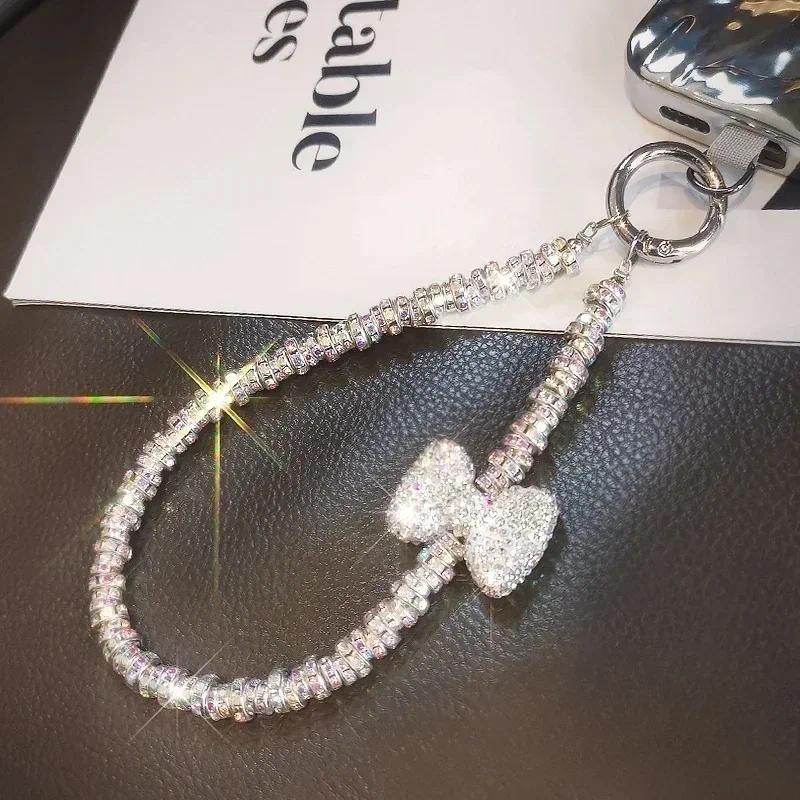 Kort met Diamanten Bezette Strik Mobiele Telefoon Lanyard Polsbandje Glanzende Lanyard IPhone 16 Hoes Sleutel Universeel Touw Tas Body Kit Sieraden