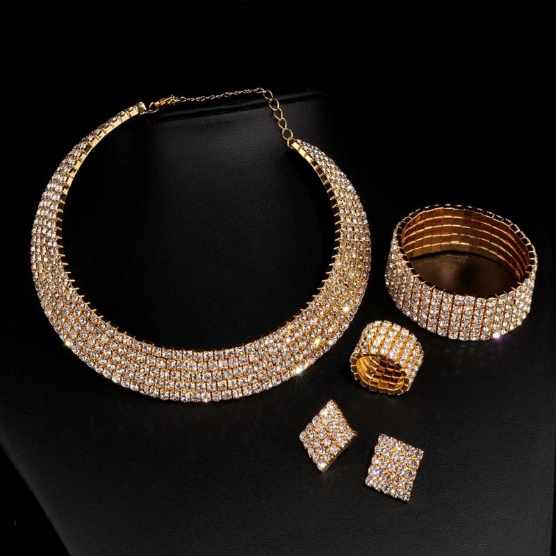 3/4Pcs Full Diamond Necklace Earrings Ring Bracelet  Hollow Diamond Necklace Bridal Set