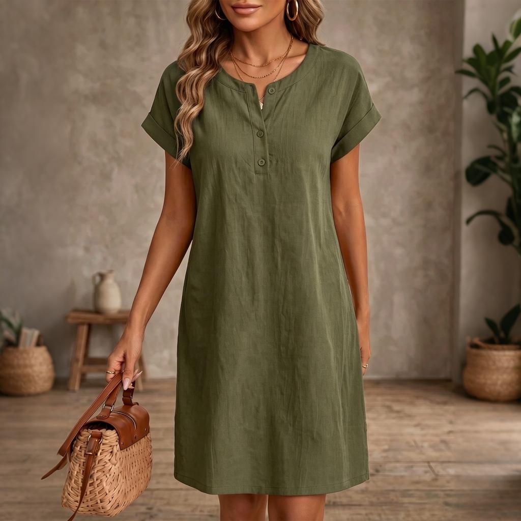 Women’s Casual Crew Neck Button Short Sleeve Loose Fit Pullover Dress with Relaxed for Everyday Wear