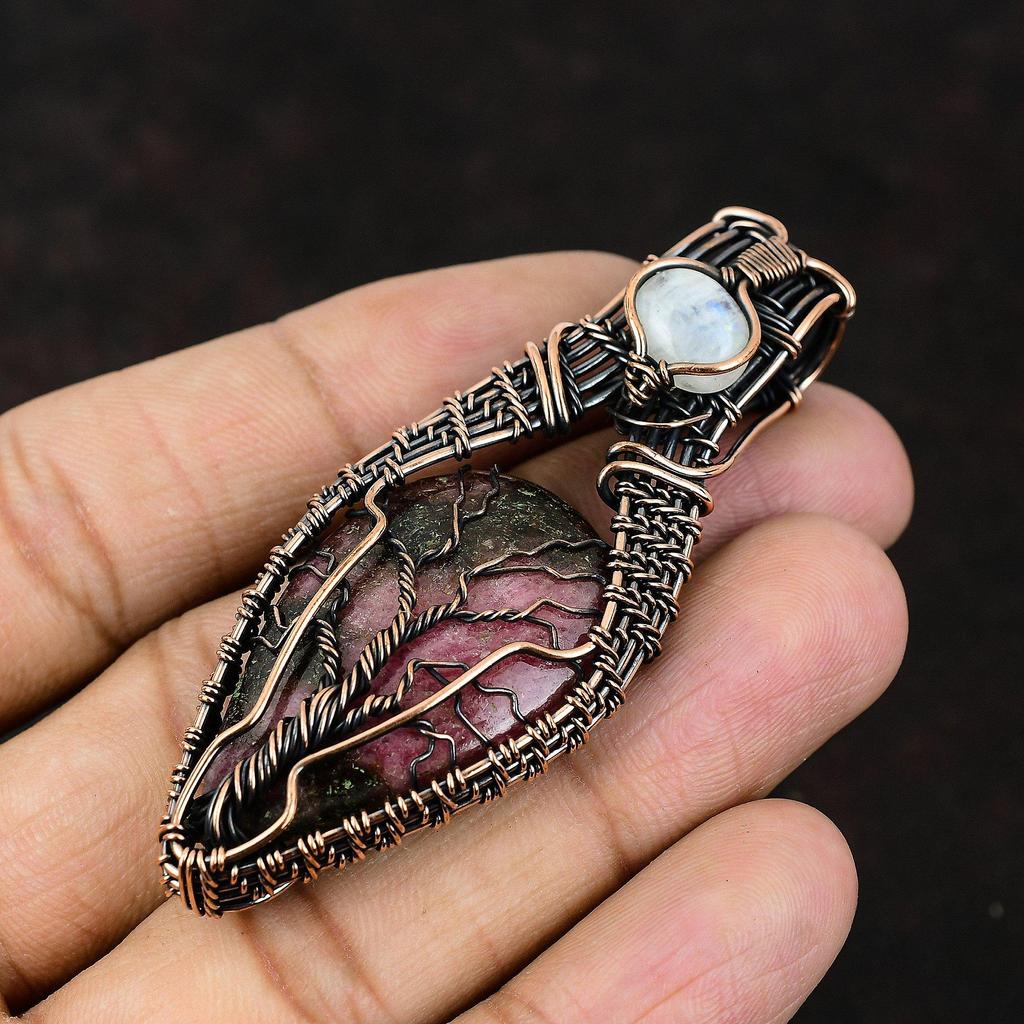 Tree Of Life Rhodonite Copper Pendant Gemstone Wire Wrapped Pendant Rainbow Moonstone Jewelry Handmade Pendant Designer Jewelry Gift For Her