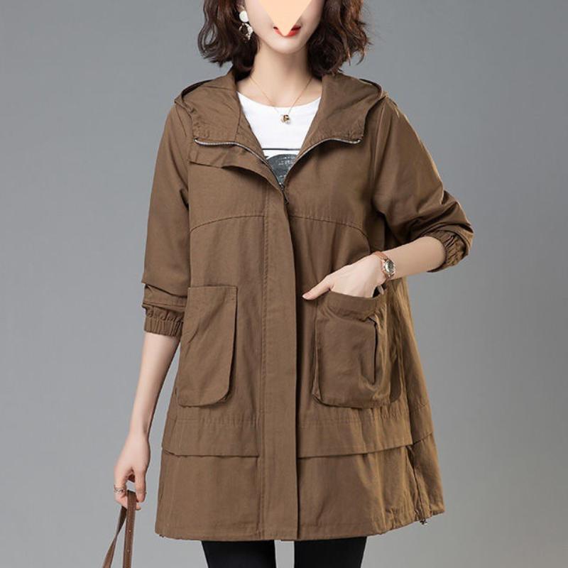 Women Mid Length Loose Trench Coat Hooded Cape Jacket Korean Style Windbreaker Spring