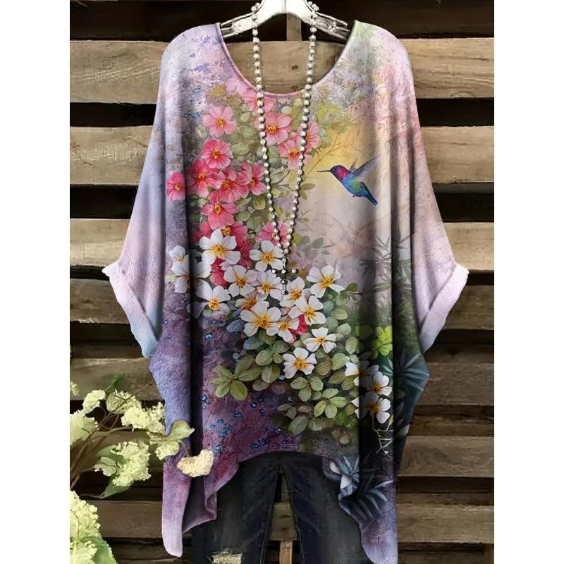 Sommer Damen T-Shirt Kolibri Pfau Aufdruck Rundhals Schwanz Bequem Kurzarm Oversized T-Shirt Unregelmäßiger Saum Oberteile