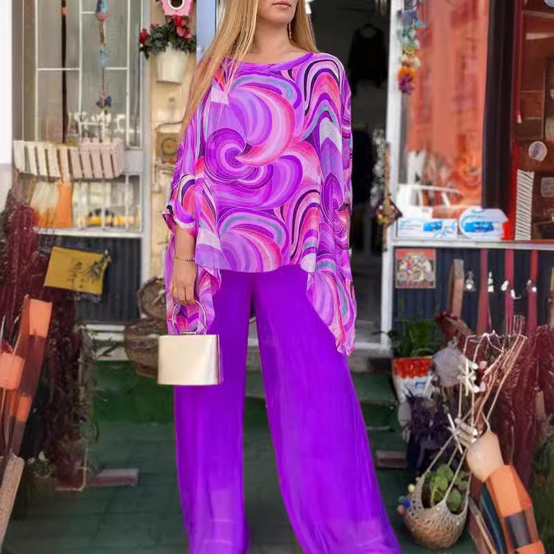 2024 Colorful Chiffon Casual Print Round Neck Two-Piece Summer Set