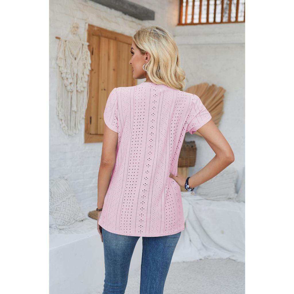 GMXIA Women's Spring Summer V-neck Button Spliced Petal Sleeve Solid Color T-shirt