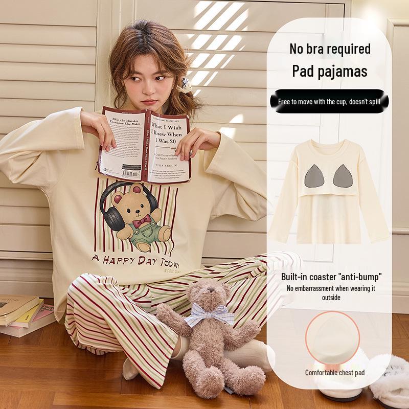 Womens Korean Style Cartoon Pajamas Set with Chest Pad - Long Sleeve, Cute Home Wear for Spring & Autumn (2025)