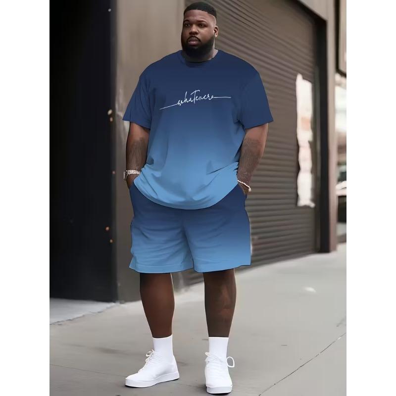 Simple Letter Print T-shirt Shorts 2-piece Set Fashion Men's Suit Big Size Loose Short Sleeve T Shirt Drawstring Shorts Set
