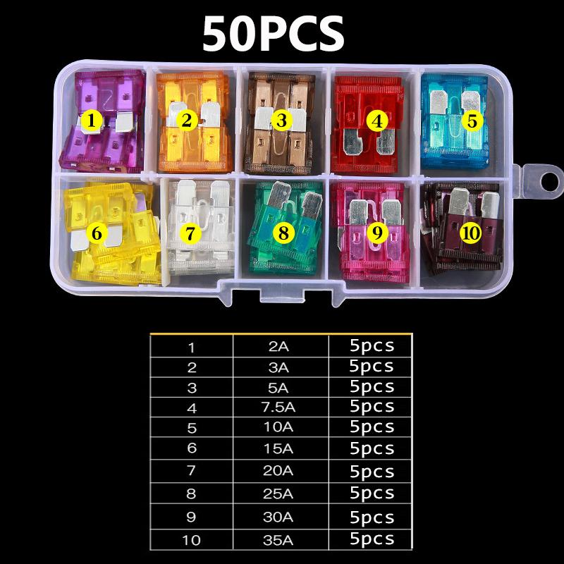 50/100 Stück Auto Sicherungen 2a 3a 5a 7.5a 10a 15a 20a 25a 30a 35a Ampere mit Aufbewahrungsbox Clip Sortiment Auto Flachsicherungsset LKW