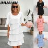 Women's Fashion Summer Spring Solid Color Print 2/1 Sleeve O-Neck Casual Dresses