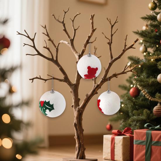 Christmas Ball Ornaments White Foam Balls with Leaf/Bear Pattern Xmas Tree Hanging Ornaments for Holiday Home Tree Decor