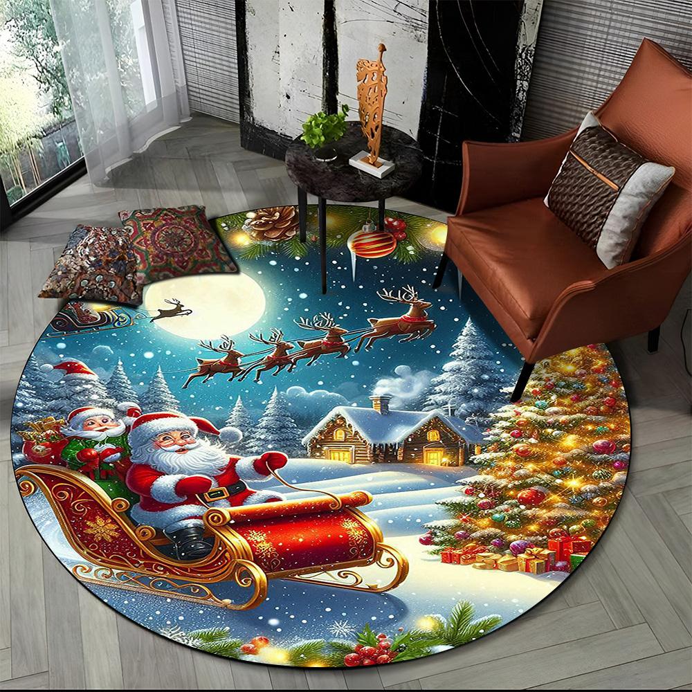 Merry Christmas Cartoon Santa Claus Snowman New Year Round Carpet Rug for Bedroom Living Room Sofa Decoration,Decor Floor Mat