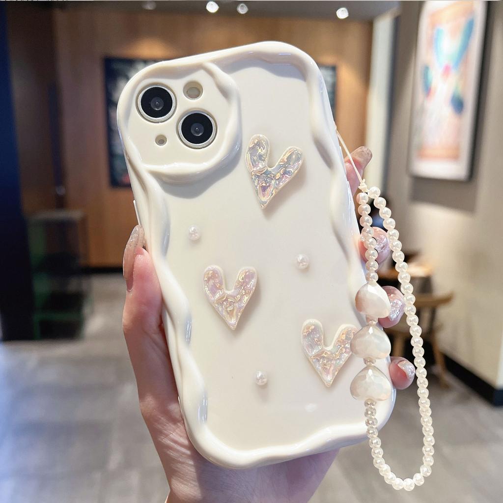 Three dimensional Waves Suitable for IPhone14pro White Love Pearl Mobile Phone Chain Apple 15 16pro Mobile Phone Case