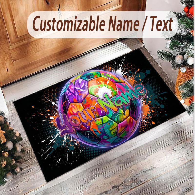Fußball-Thema Weicher Kristall-Samt Teppich Benutzerdefinierter Name & Text Druck Rutschfester Boden Teppich für Schlafzimmer Wohnzimmer
