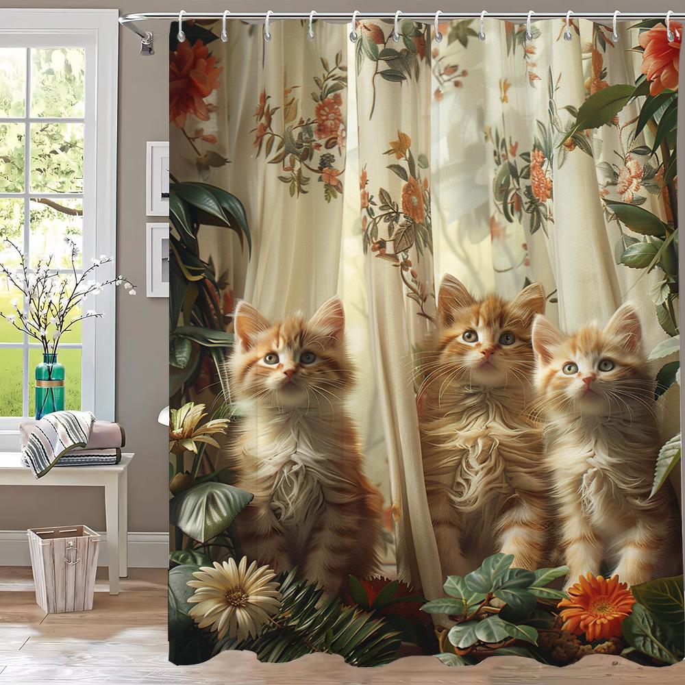 1 Stück Niedliche Katze in Hängematte im Garten Duschvorhang, Badezimmervorhang mit Haken, Bedruckter Polyester Heimdekorationsvorhang