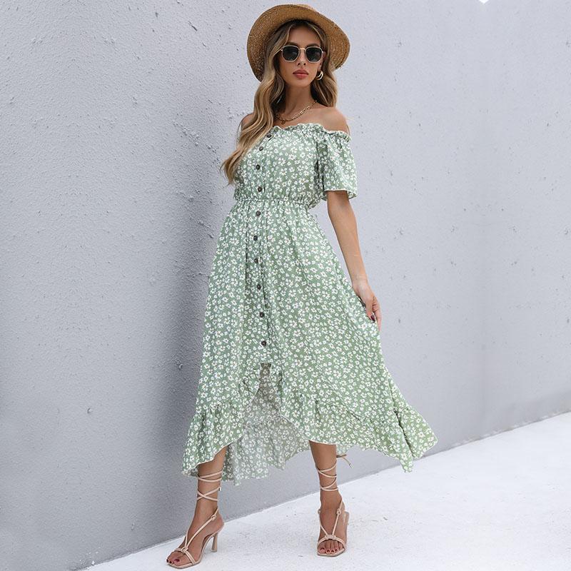 Women's Fashion Summer Spring Floral Print Short Sleeve High Waist Casual Dresses