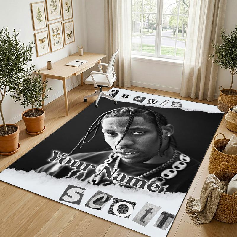 Covor personalizat din catifea de cristal, Nume personalizat imprimat Travis Scott, Covor pufos pentru decor interior casă