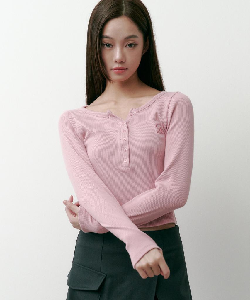 Solteuaenchokollis Ribbed Henley Neck Long Sleeve T-Shirt Pink 4W2511001
