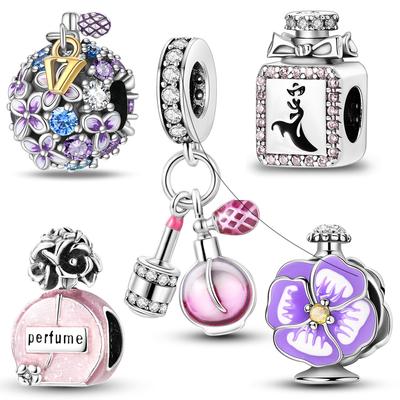Copper Floral Fragrance Pink Perfume Bottle Charms Bead Pendant Fit Original Pandora Bracelets Diy Jewelry Gift