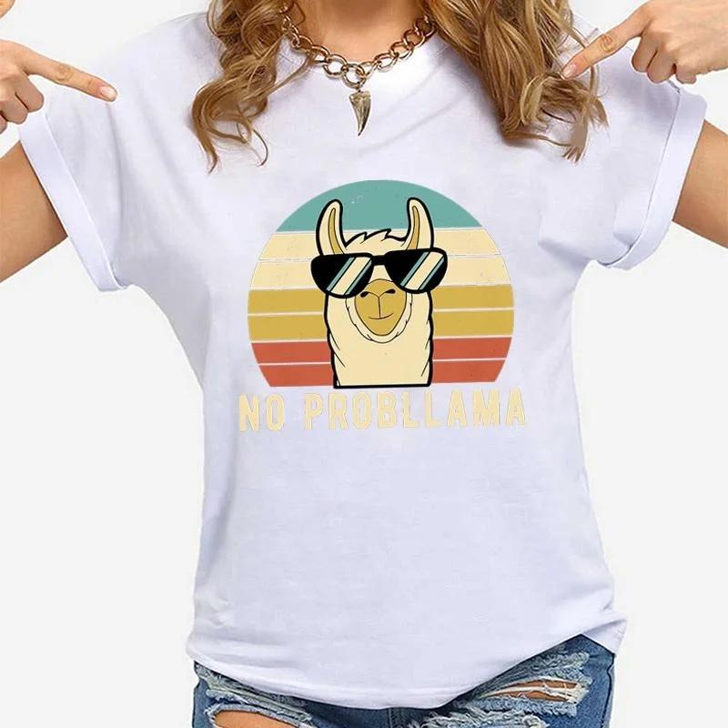 Lustiges Lama Grafik Bedrucktes T-Shirt Mode Kreatives Design T-Shirt Damen Lässig Rundhals Locker Y2k Kurzarm