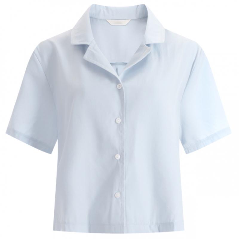Shop Women Collar Neck Semi Crop Plain Short Sleeve Blouse Shirt Ivory Ean Wsh