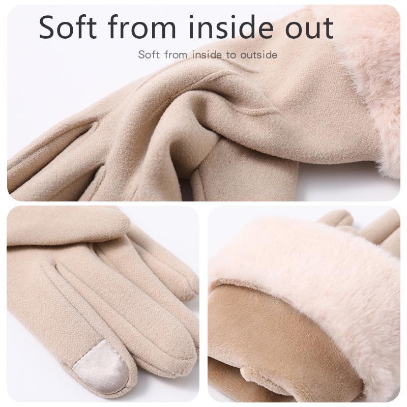 Autumn Winter Warm Suede Gloves Plus Velvet Thickened Plush Decor Cuff Gloves Outdoor Coldproof Touchscreen Riding Ski Gloves