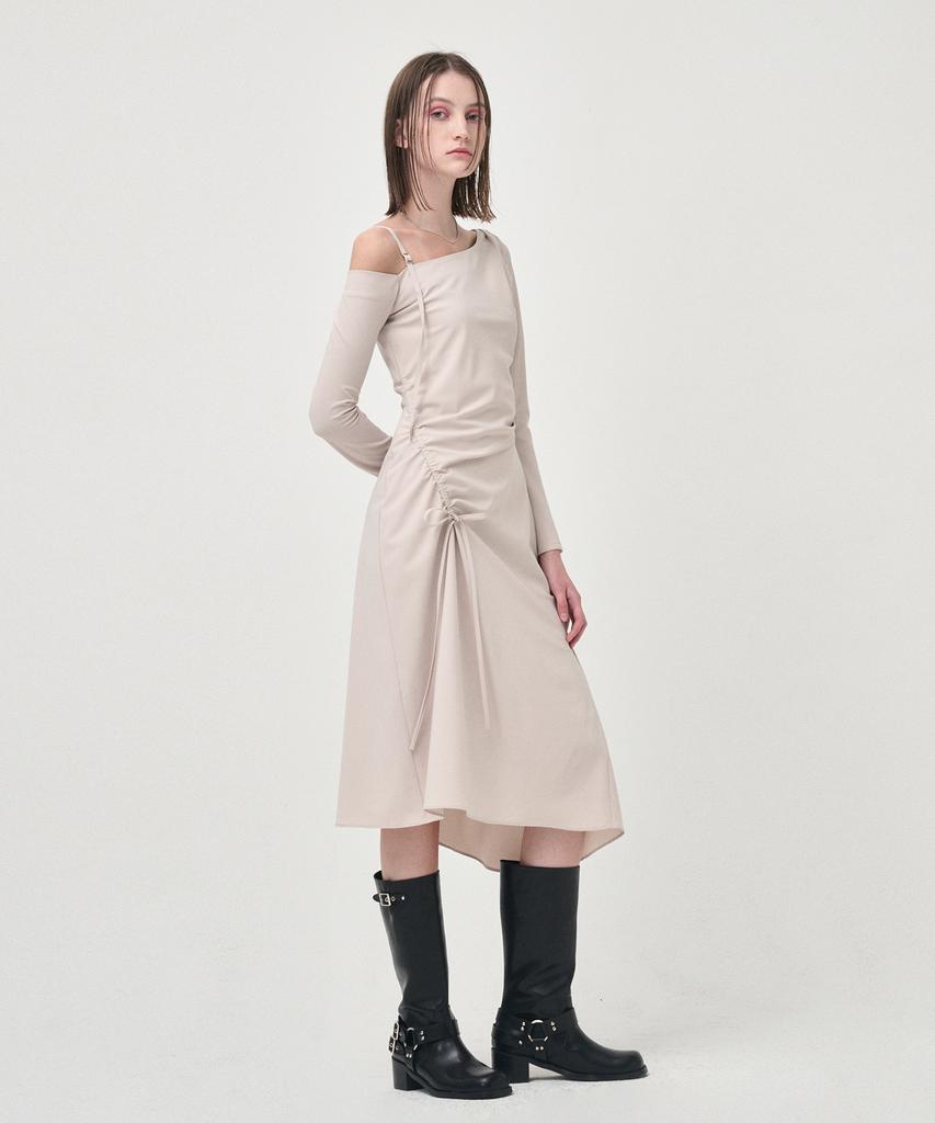 Etmont One Off Shoulder Shirring Dress, Beige