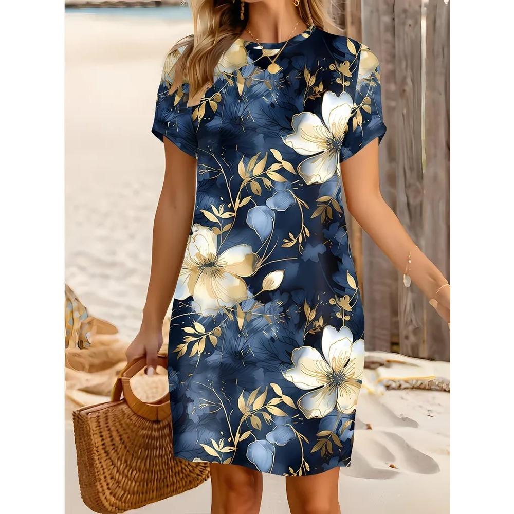 Creative Retro Colorful Flowers Patterns Women Mini Dresses Summer Short Sleeve Printed Plus Size Casual Comfortable Soft Dress