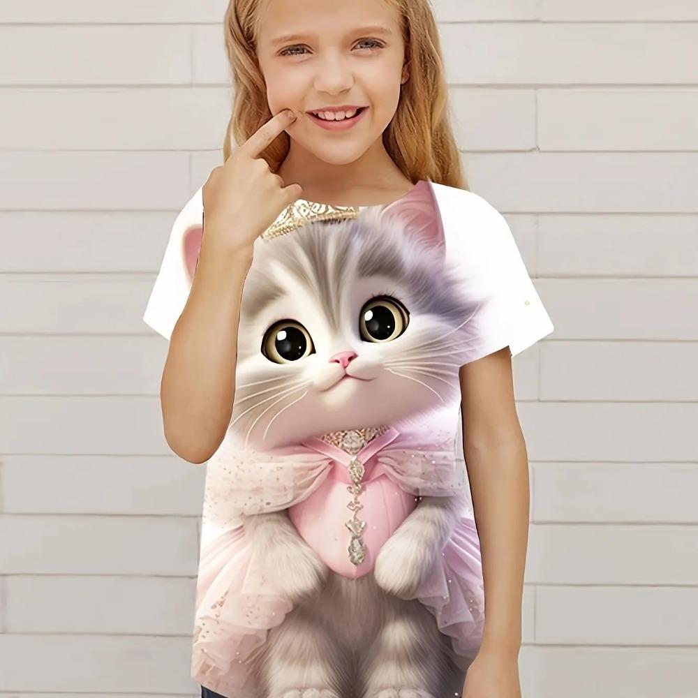 Children's Clothing Cute 3D Cat Pattern Printed Short Sleeved Top Children's Clothing T-shirt Casual Pullover Children's Boys and Girls Summer