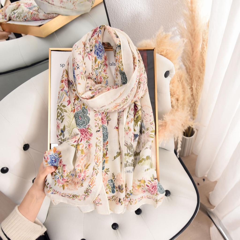 Thin Niche Imitation Cotton and Linen Pastoral Style Printed Silk Scarf Japanese and Korean Women's Fashion Temperament Shawl High-end Holiday Gift