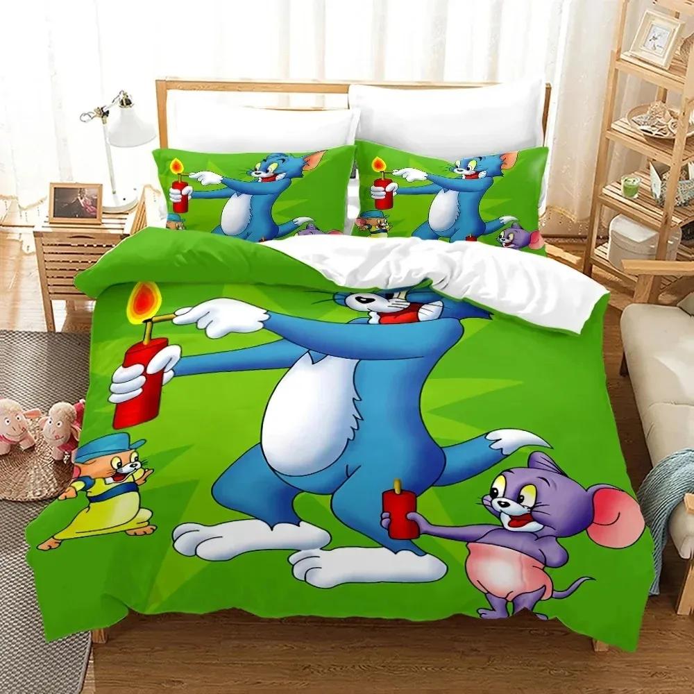 Set Biancheria da Letto Cartone Animato T-Tom Mouse e Gatto J-Jerry Copripiumino Set Letto Coperta Federa Piumone Matrimoniale Queen Size Bambini Adulti