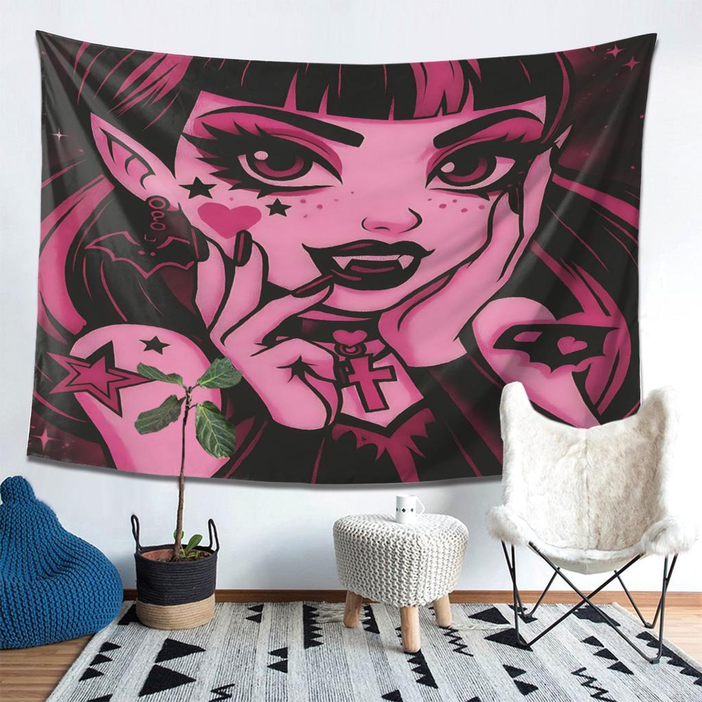 VIKAMA Sweet Cool Dark Gothic Girl Tapestry Manga Style Atmosphere Ins Style Room Decoration Home Decoration