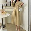 NeW ArriVAls Open Run W Neck V Neck Shirred Long sleeVe A Line Dress