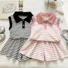 Summer Girls' Outfit New Striped Turn-Down Collar Tank Top T-Shirt And Shorts Girls' Sports Casual Two-Piece Set