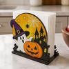 Rustic Wood Decor Halloween Wooden Napkin Holder, Ghost Pumpkin Decorative Tabletop Tissue Dispenser, Square Organizer Paper Storage for Holiday
