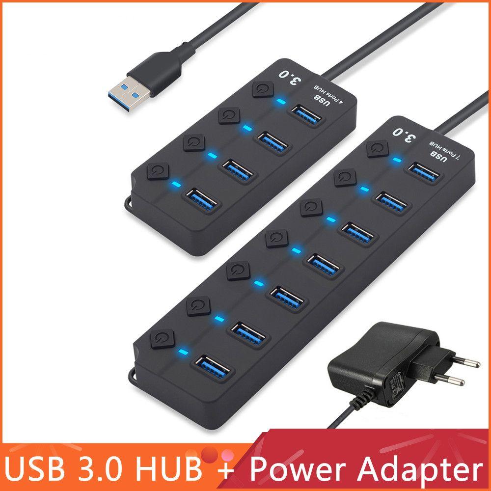 Professional External High Speed On/Off Switch USB 3.0 Hub 4/7 Ports Splitter with Power Adapter