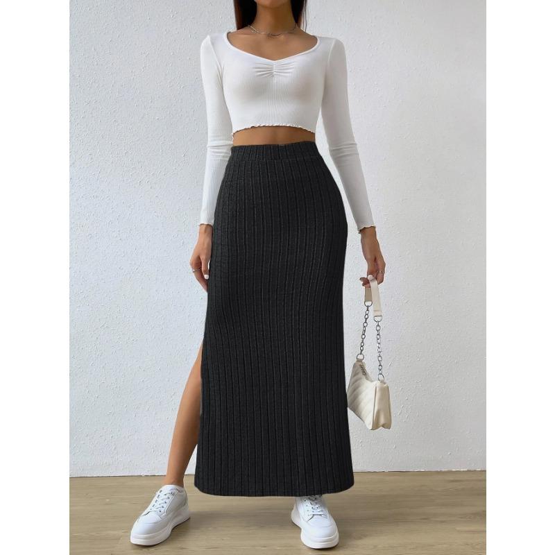 Frühling und Herbst Damen-Halbkörperrock mit hoher Taille und Seitenschlitz, schlanker Strick-Halbkörperrock