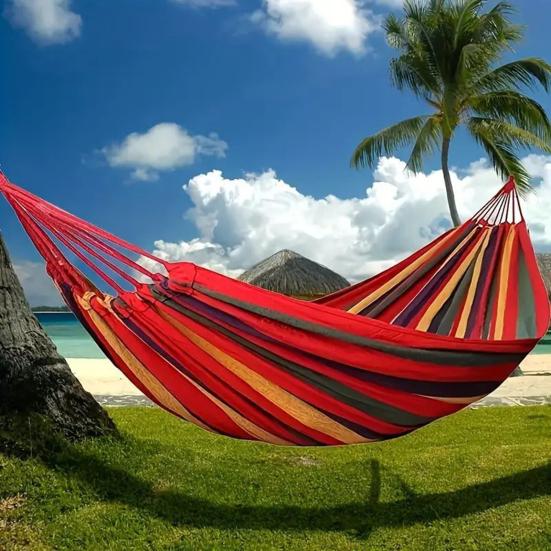 Outdoor Canvas Hammock with Carry Bag Strap Portable Heavy Duty Single Double Person Camping Garden Patio Balcony Porch Backyard Colorful Stripe