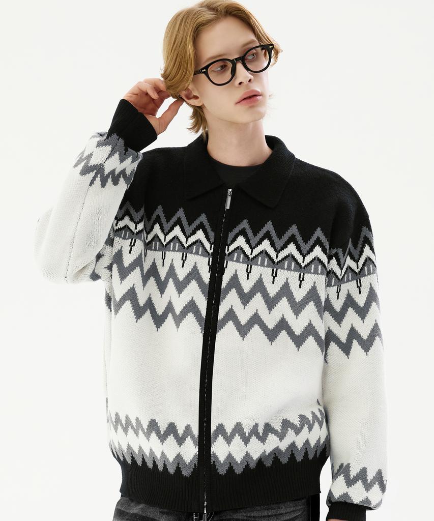 TRILLION Washable Nordic Jacquard Collar Neck 2-Way Zip-Up Knit [Black]