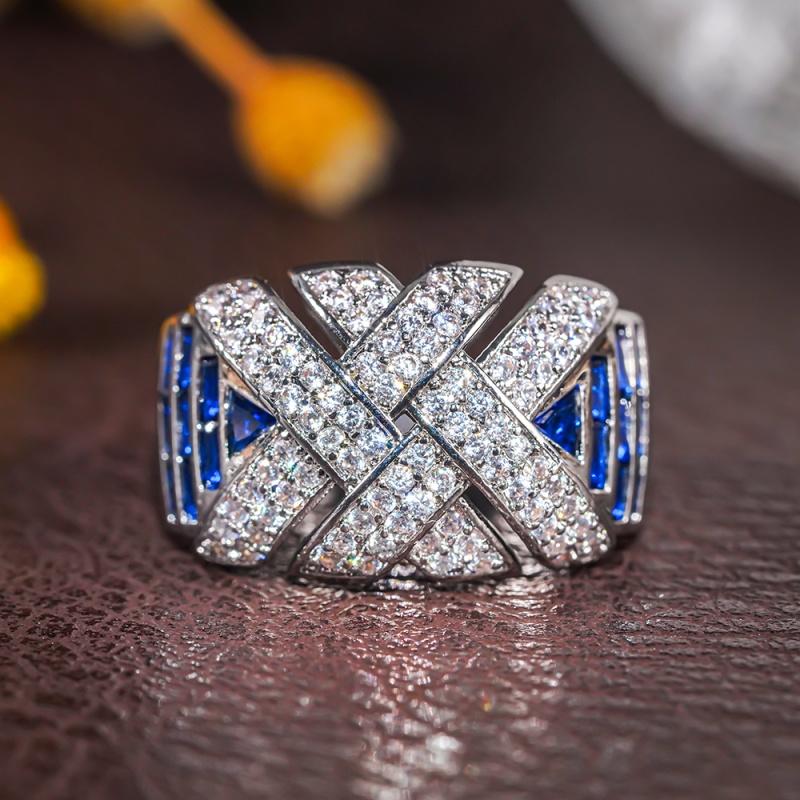 Huitan Novel Wide Cross Design Rings with White/Blue Cubic Zirconia Trendy Luxury Wedding Band Women Charms Accessories