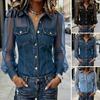 Country Concert Apparel Women Shirt Perspective Mesh Patchwork Cold Shoulder Long Sleeve Detail Denim Blouse Tops Lapel Buttons Placket Clothing