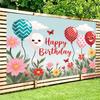 2D Kindergeburtstags-Hintergrund mit lächelnden Ballons, Blumen und Schmetterlingen