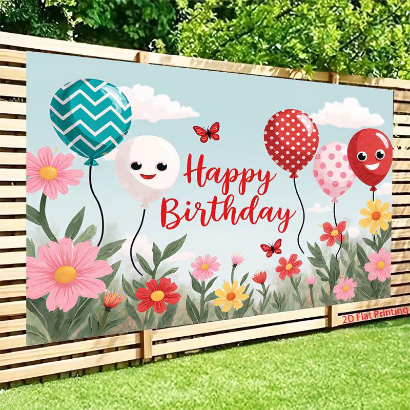 2D Kindergeburtstags-Hintergrund mit lächelnden Ballons, Blumen und Schmetterlingen
